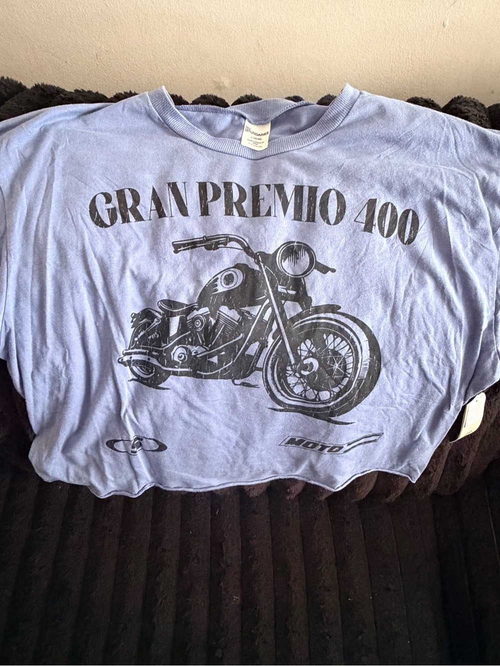 No Boundaries Light Blue Graphic Crop Tee - Motorcycle Gran Premio 400